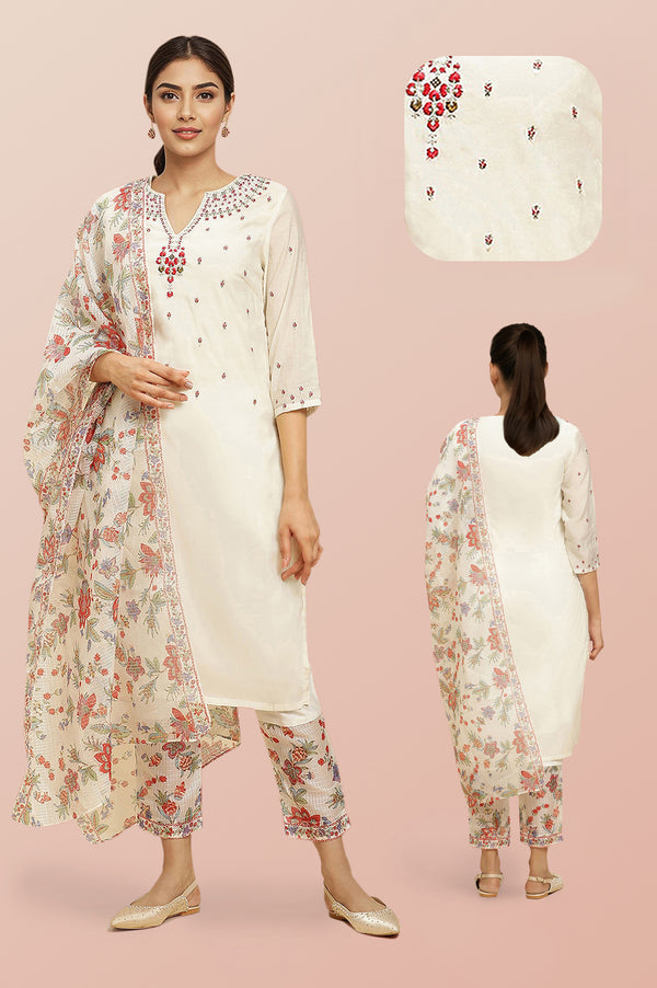 Ecru Chanderi Embroidered Kurta Set with Slim Pants and Dupatta