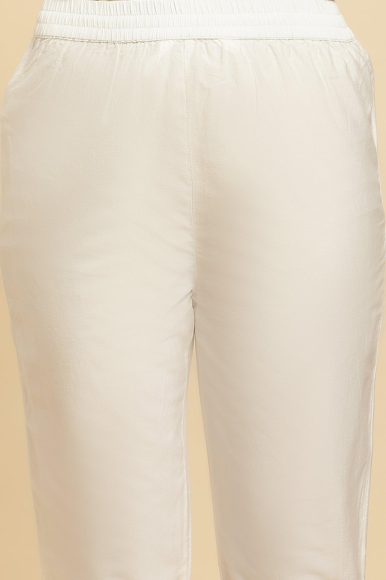 Ecru Chanderi Embroidered Kurta, Slim Pants And Dupatta Set - wforwoman