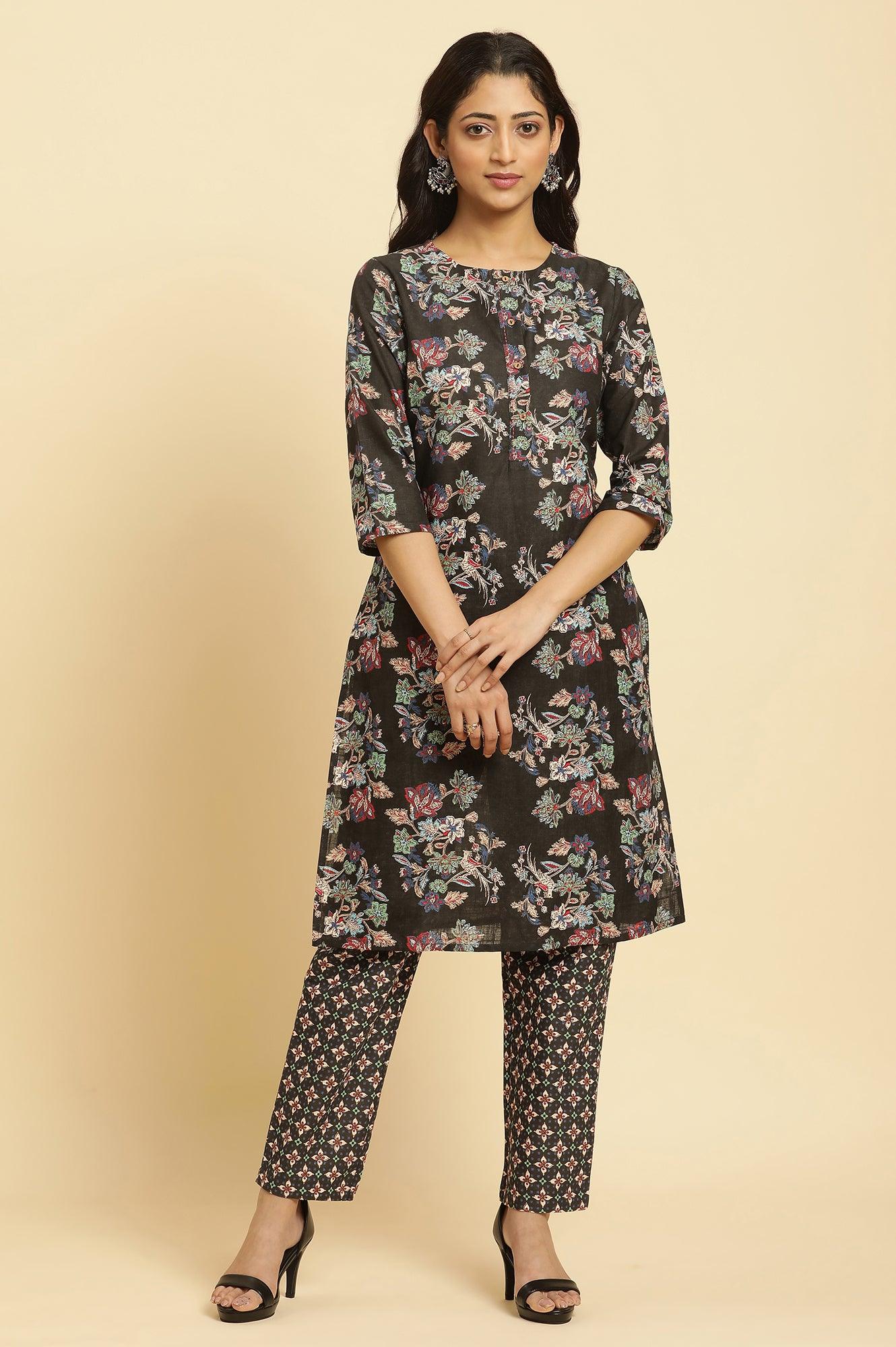 Black Floral Printed Kurta And Pants Set - wforwoman