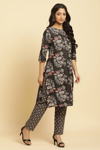 Black Floral Printed Kurta And Pants Set - wforwoman