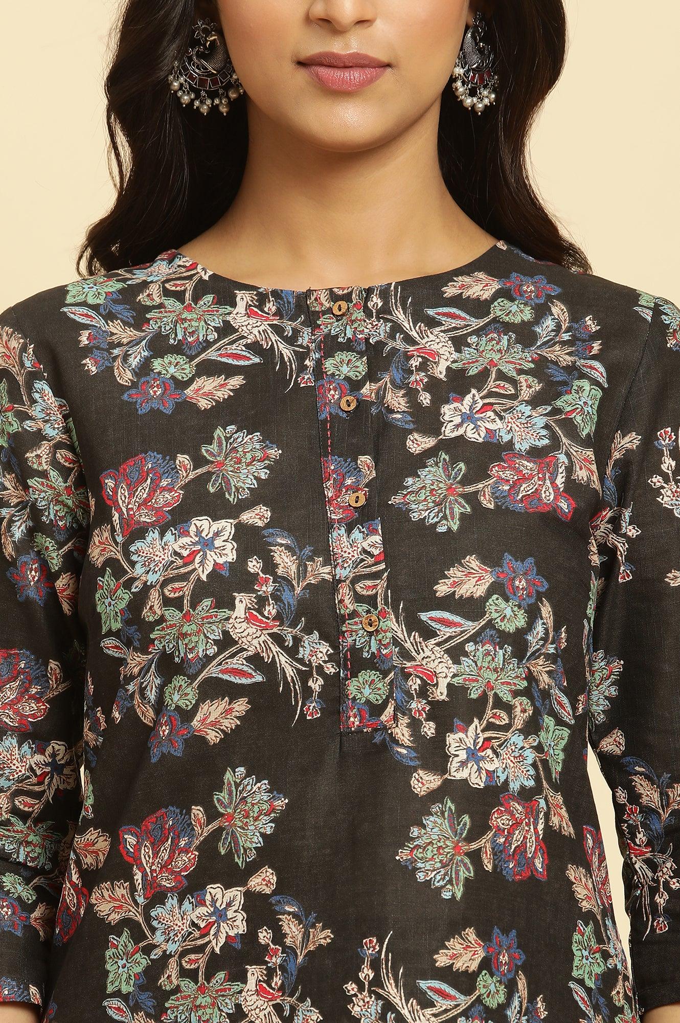 Black Floral Printed Kurta And Pants Set - wforwoman