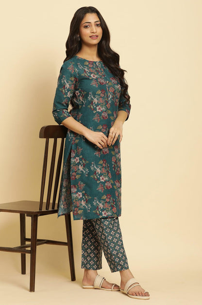 Teal Green Floral Printed Kurta And Pants Set - wforwoman
