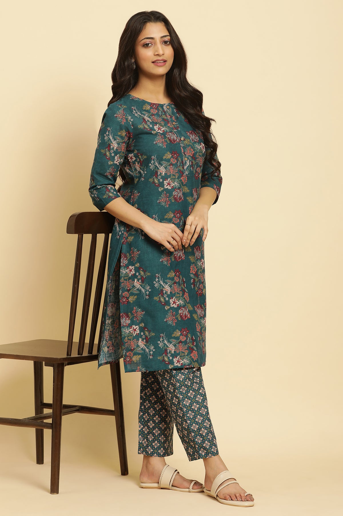 Teal Green Floral Printed Kurta And Pants Set - XS