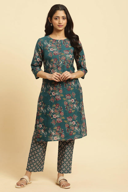 Teal Green Floral Printed Kurta And Pants Set - wforwoman