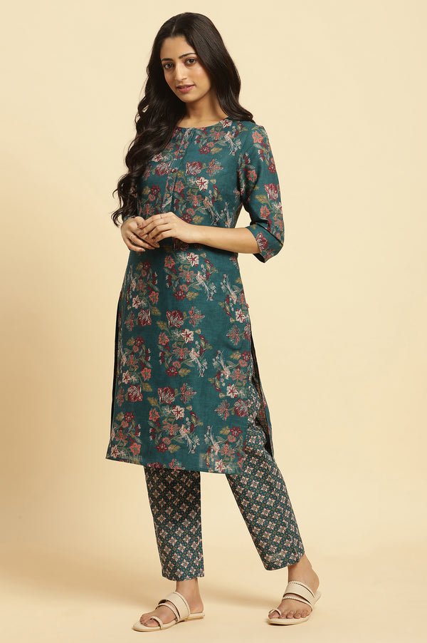 Teal Green Floral Printed Kurta And Pants Set