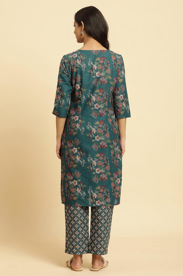 Teal Green Floral Printed Kurta And Pants Set