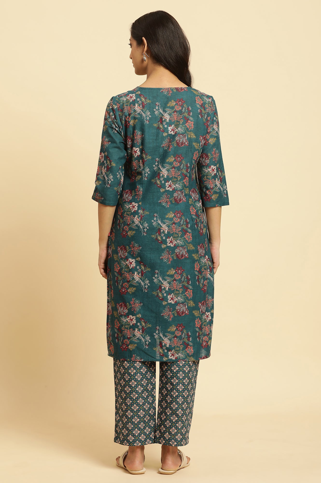 Teal Green Floral Printed Kurta And Pants Set - wforwoman