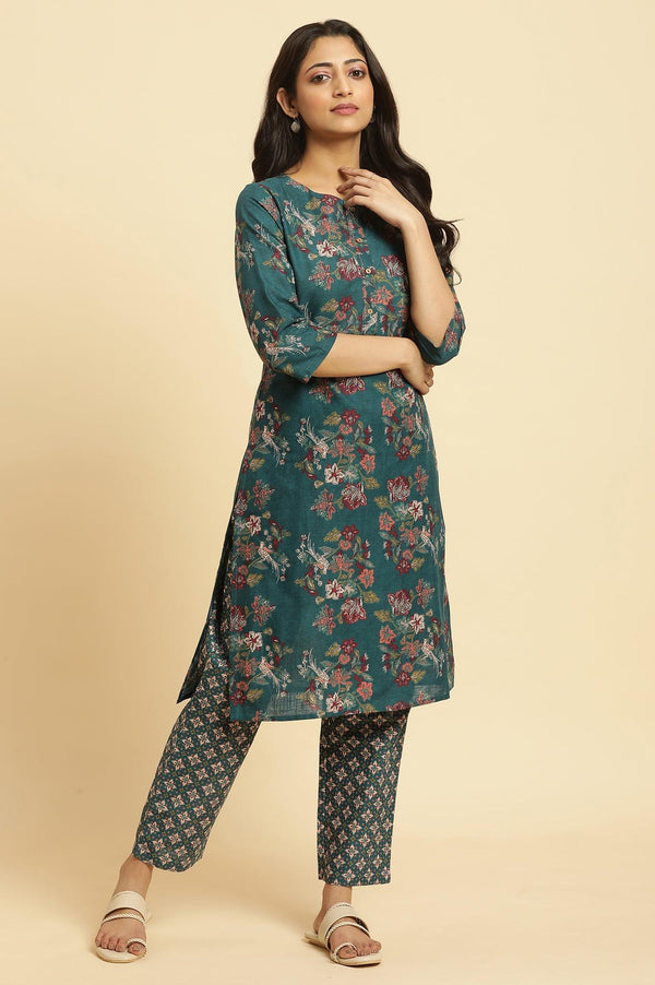 Teal Green Floral Printed Kurta And Pants Set