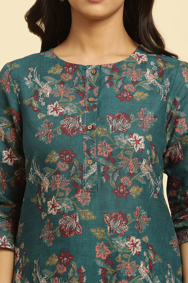 Teal Green Floral Printed Kurta And Pants Set