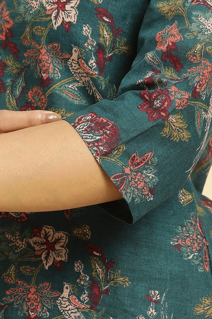 Teal Green Floral Printed Kurta And Pants Set - wforwoman