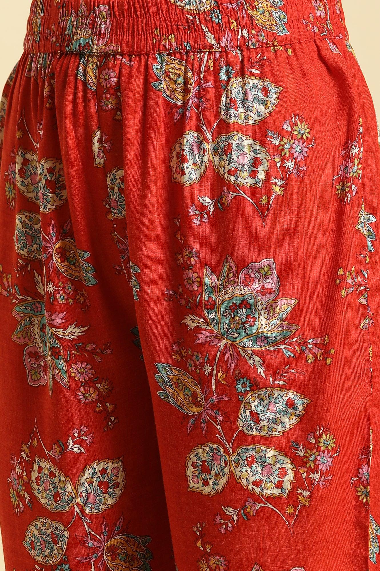 Red Floral Printed Straight Kurta And Straight Pants Co-Ord Set - wforwoman