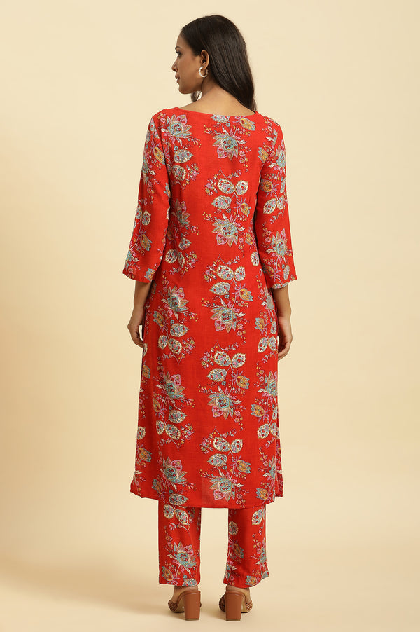 Red Floral Printed Straight Kurta And Straight Pants Co-Ord Set