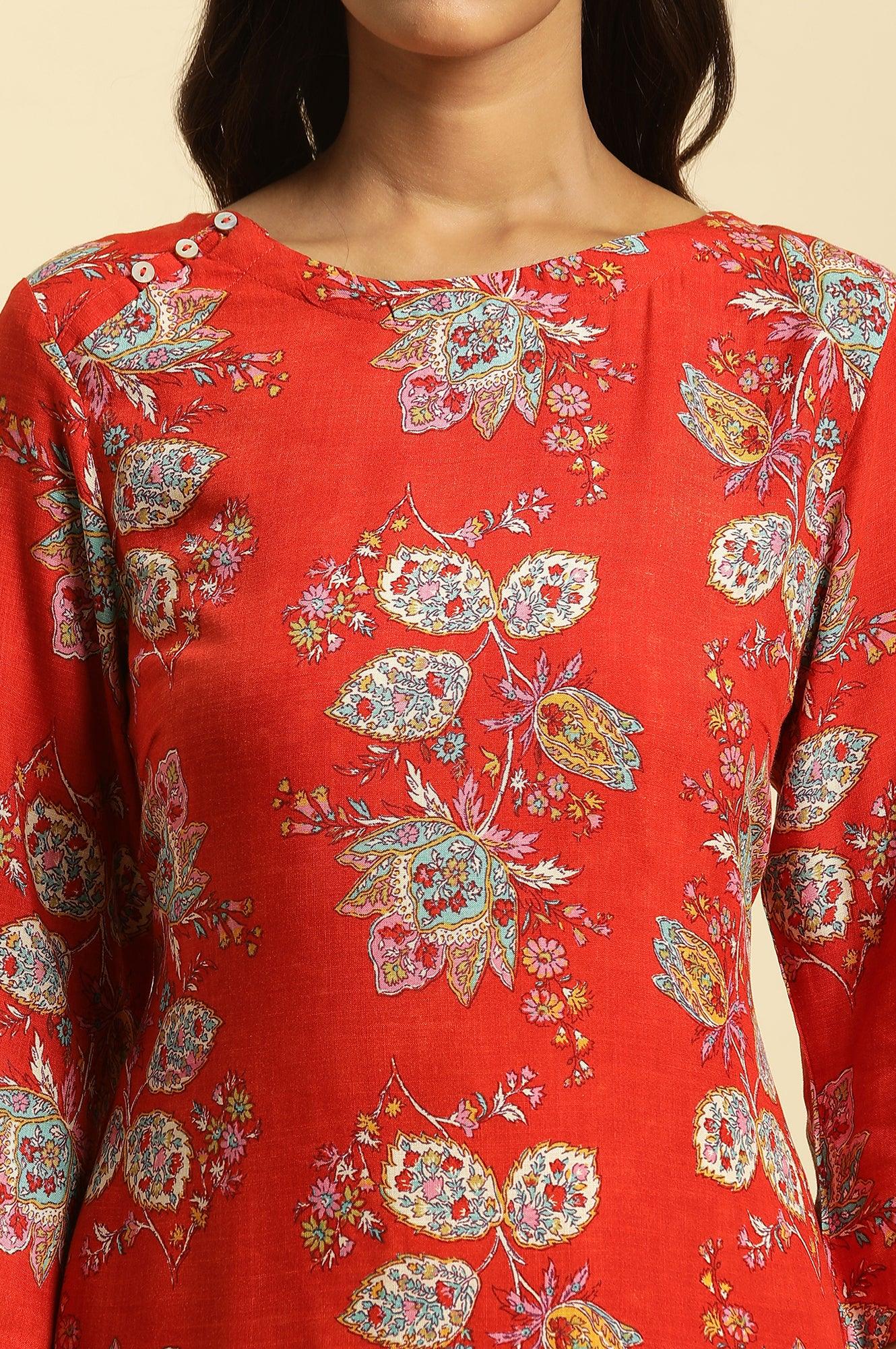 Red Floral Printed Straight Kurta And Straight Pants Co-Ord Set - wforwoman