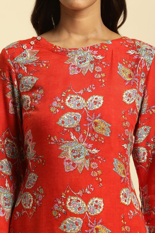 Red Floral Printed Straight Kurta And Straight Pants Co-Ord Set