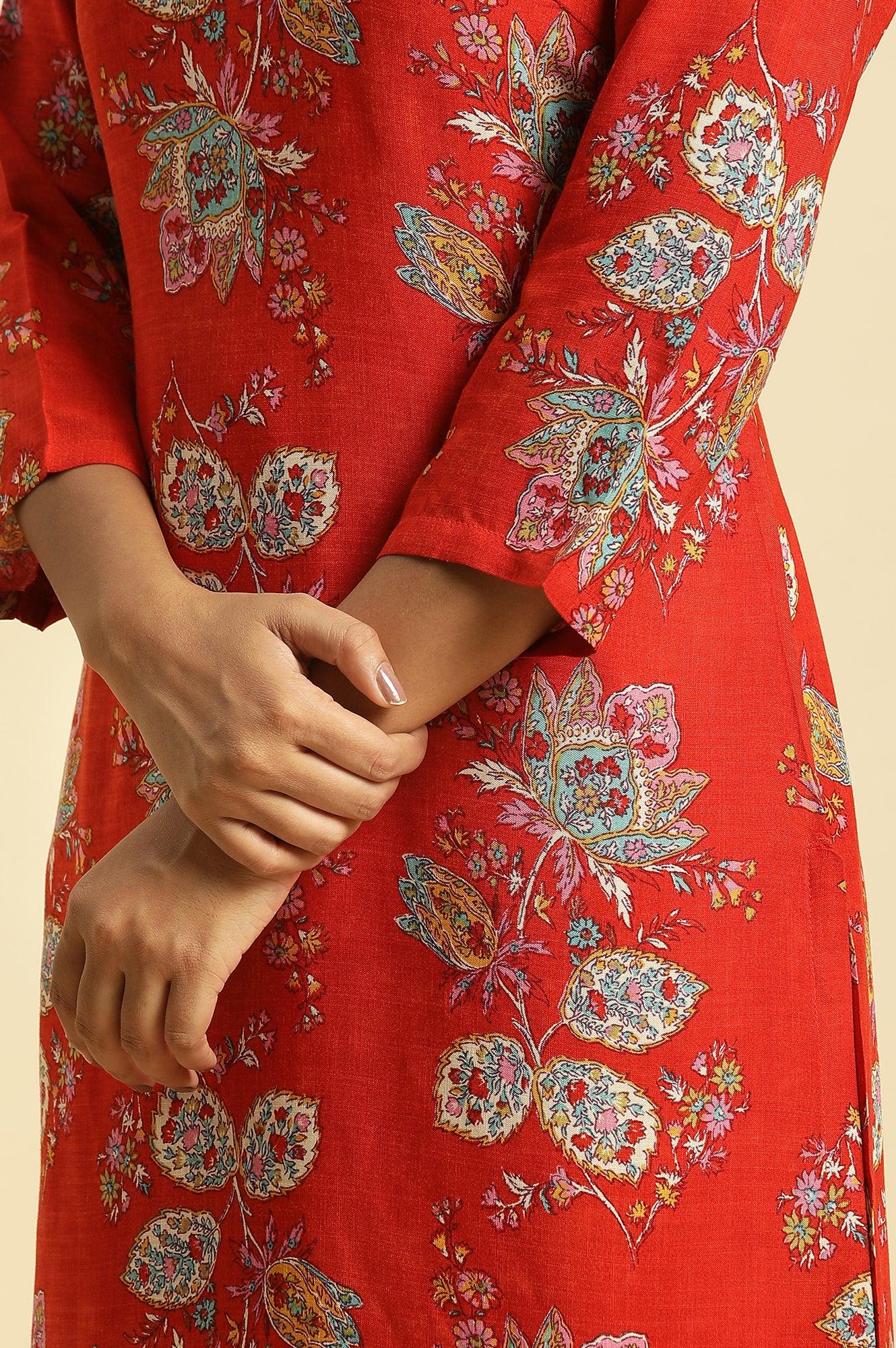 Red Floral Printed Straight Kurta And Straight Pants Co-Ord Set - wforwoman