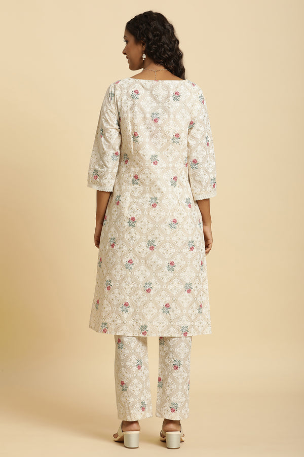 Beige Glitter Printed Kurta And Straight Pants Set