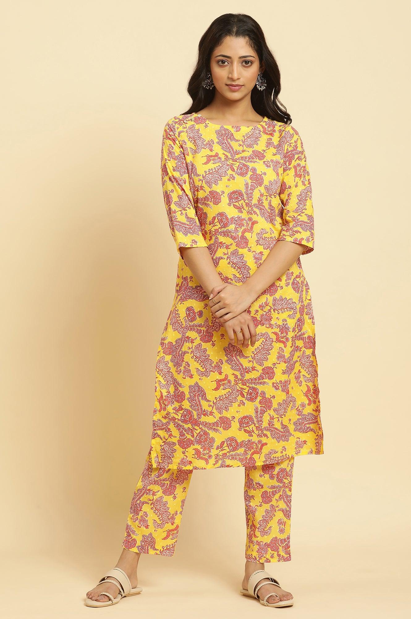 Yellow Floral Printed Cotton Kurta And Pants Co-Ord Set - wforwoman