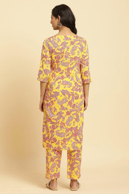 Yellow Floral Printed Cotton Kurta And Pants Co-Ord Set - wforwoman