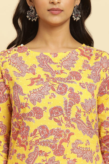 Yellow Floral Printed Cotton Kurta And Pants Co-Ord Set - wforwoman