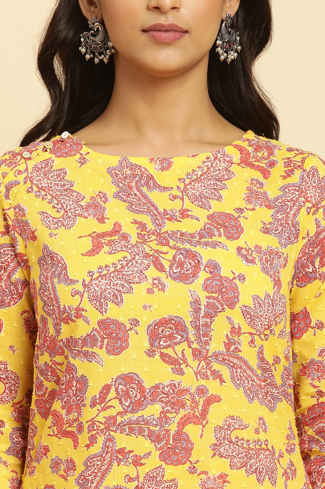 Yellow Floral Printed Cotton Kurta And Pants Co-Ord Set - wforwoman