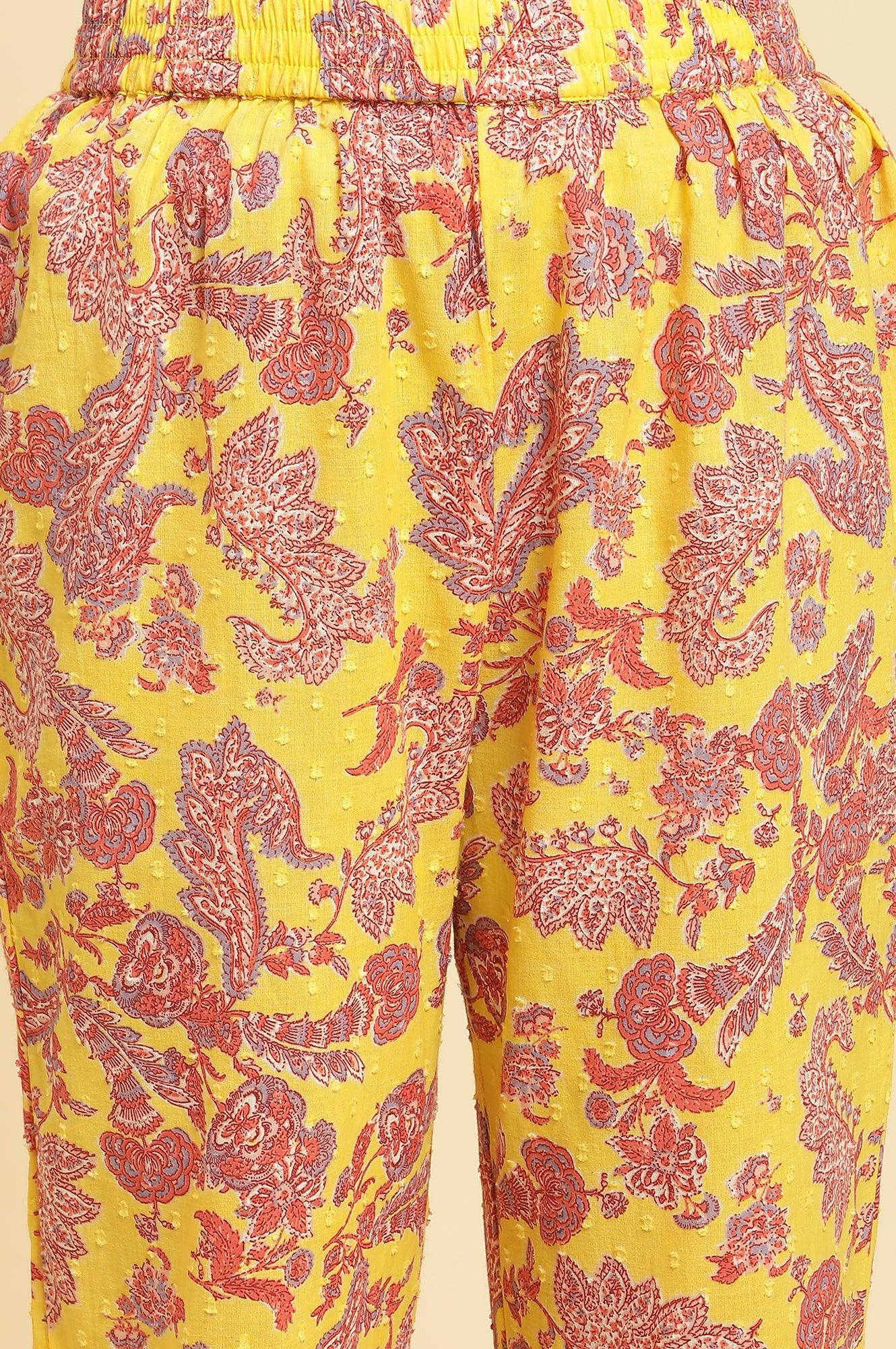 Yellow Floral Printed Cotton Kurta And Pants Co-Ord Set - wforwoman
