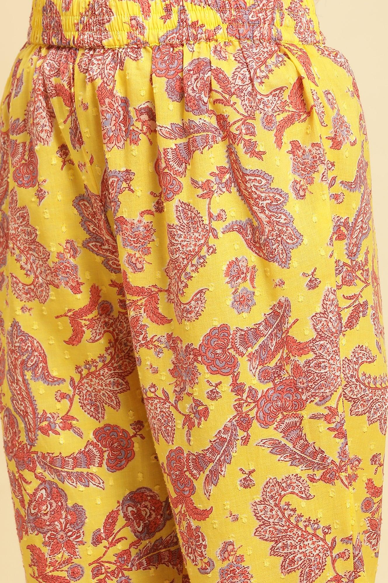 Yellow Floral Printed Cotton Kurta And Pants Co-Ord Set - wforwoman