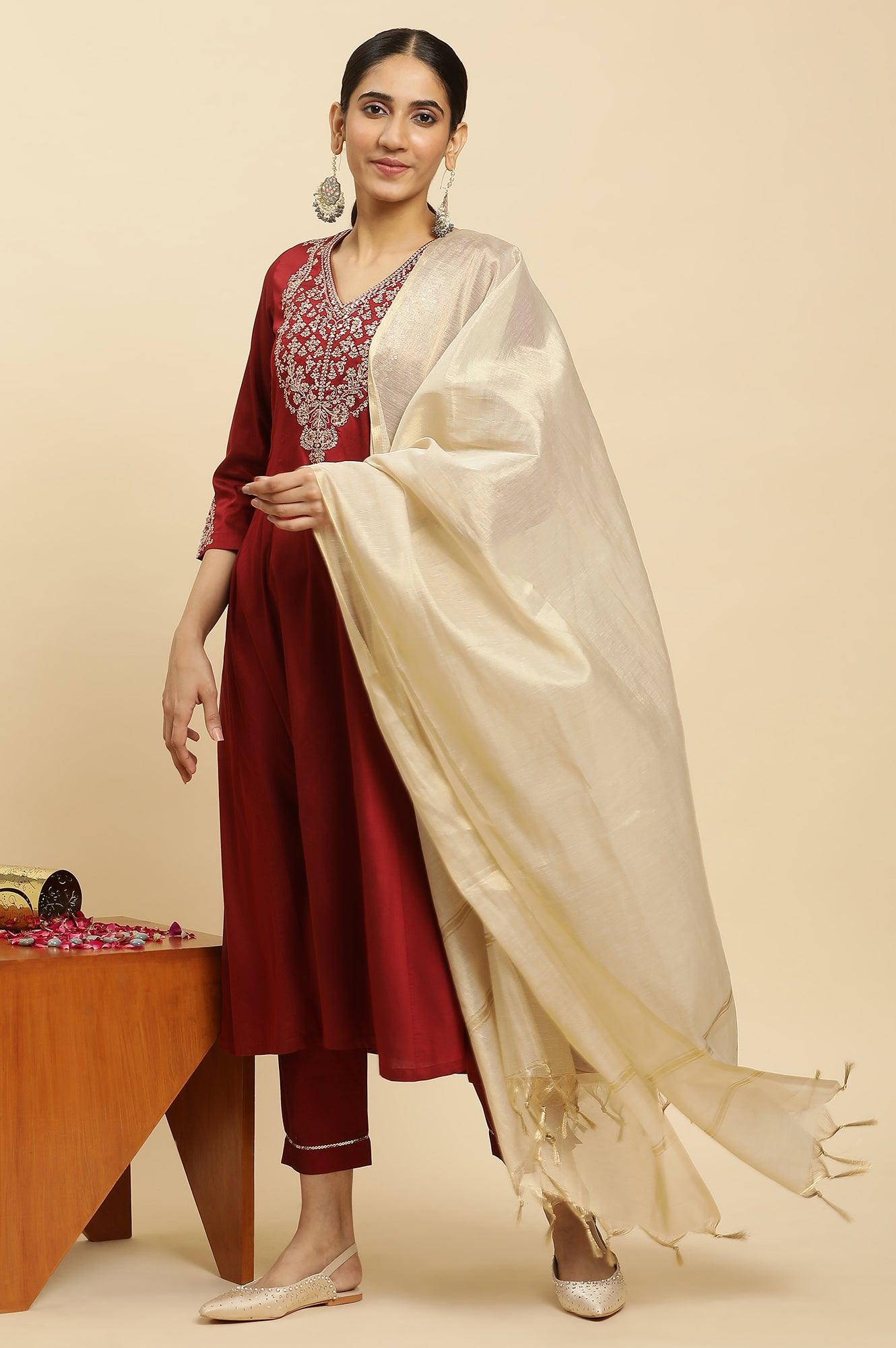 Red Panelled Embroidered Kurta, Slim Pants And Dupatta Set - wforwoman
