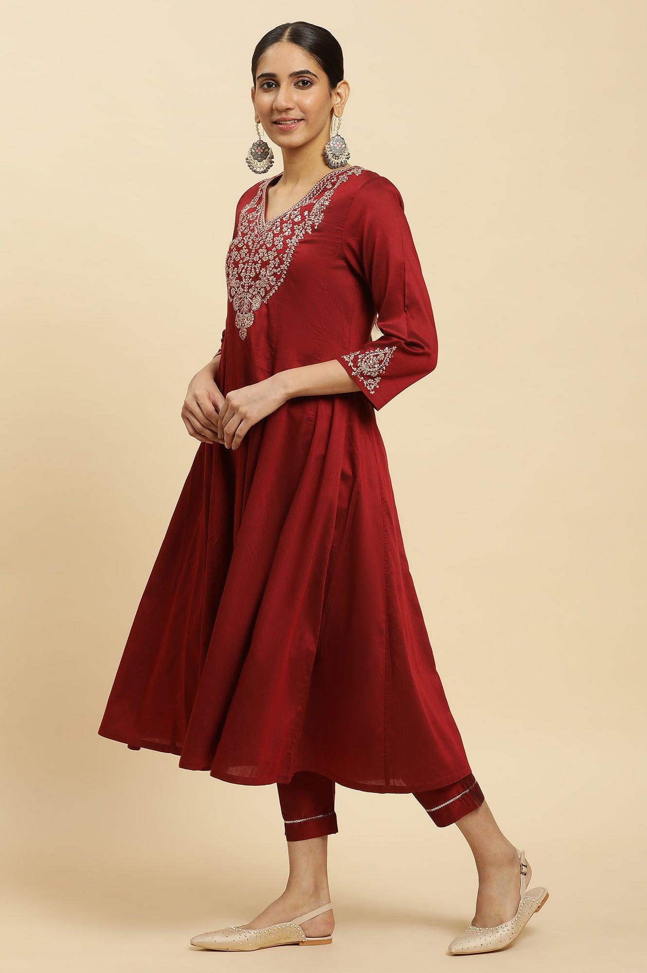 Red Panelled Embroidered Kurta, Slim Pants And Dupatta Set - wforwoman