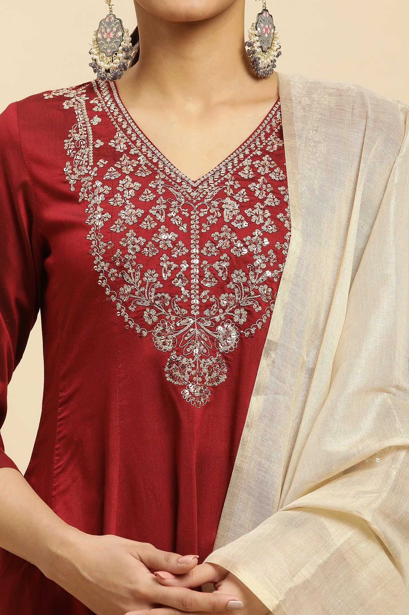 Red Panelled Embroidered Kurta, Slim Pants And Dupatta Set - wforwoman