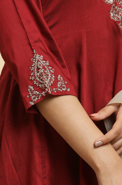 Red Panelled Embroidered Kurta, Slim Pants And Dupatta Set - wforwoman