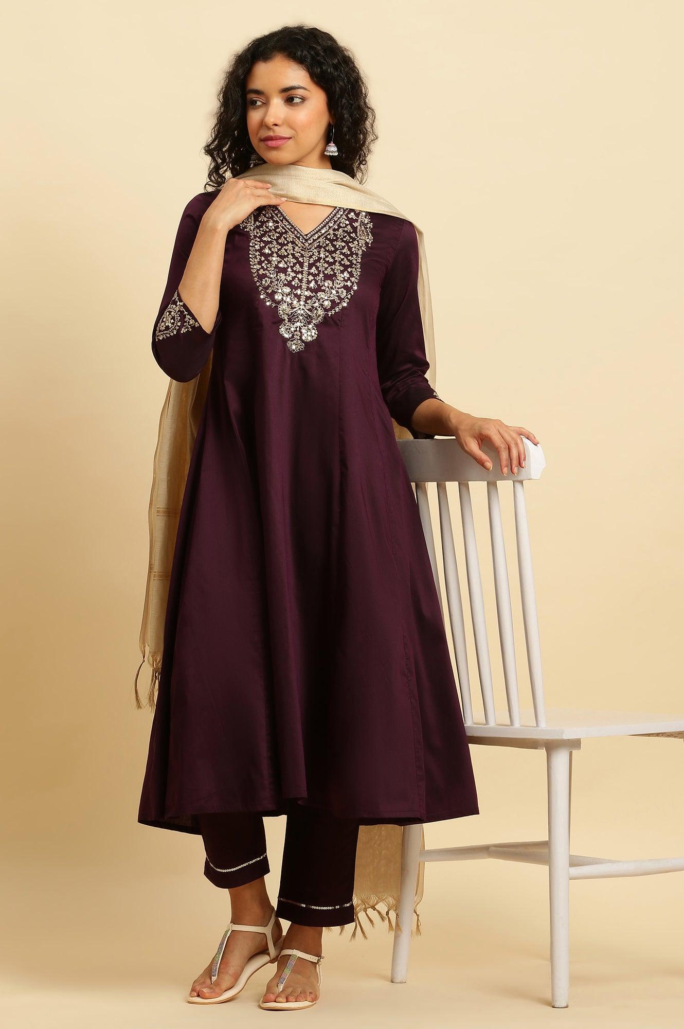 Purple Panelled Embroidered Kurta, Slim Pants And Dupatta Set - wforwoman