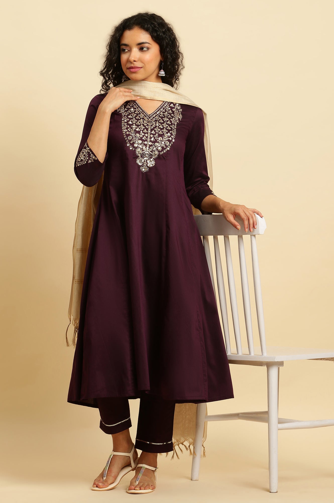 Purple Solid Metallic Embroidered Anarkali Kurta, Slim Pants And Dupatta Set