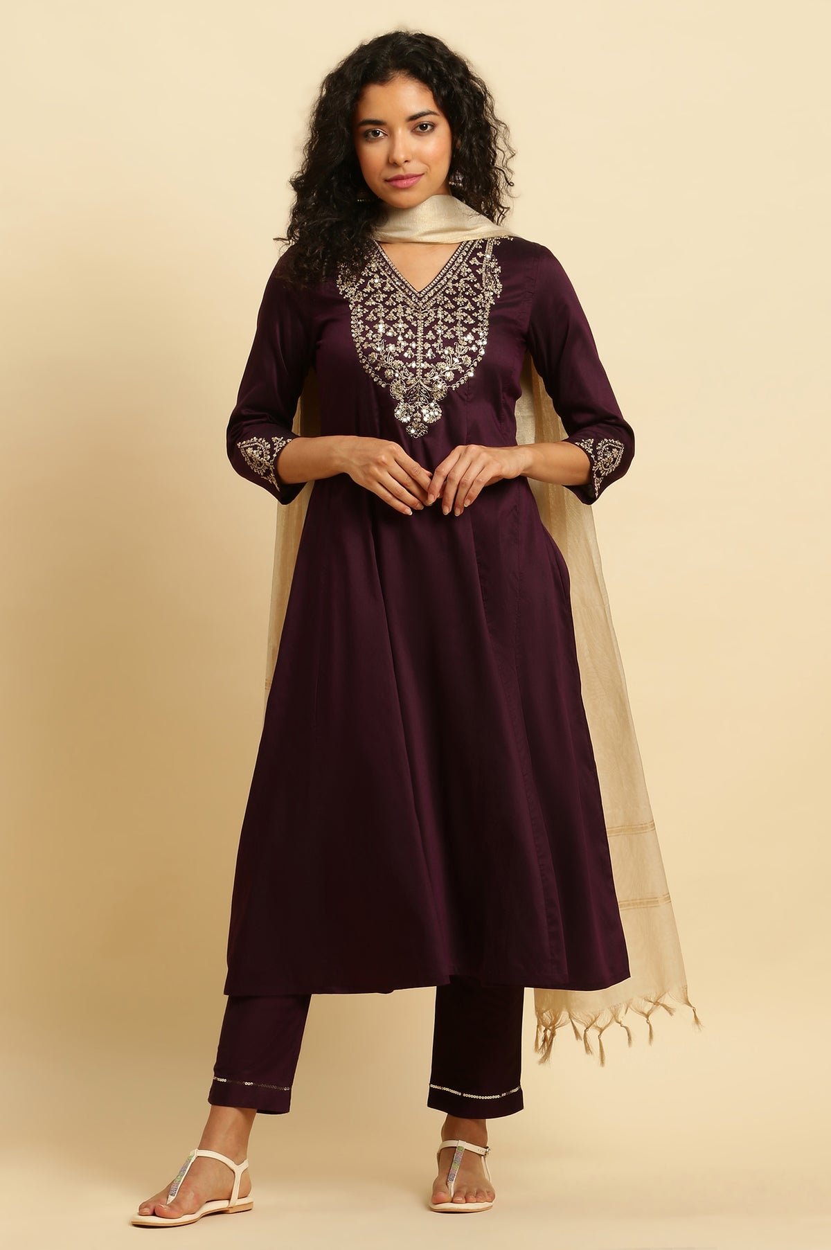 Purple Panelled Embroidered Kurta, Slim Pants And Dupatta Set - S