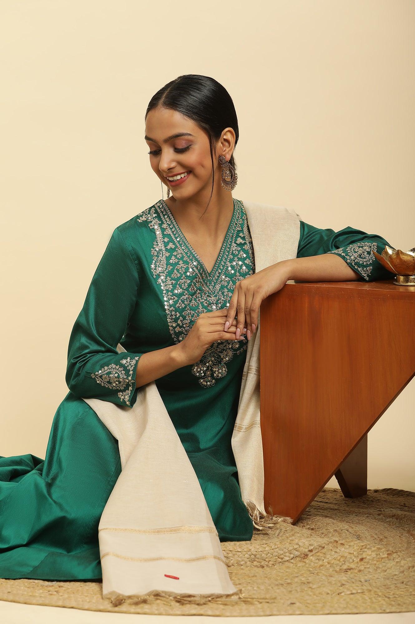 Green Panelled Embroidered Kurta, Slim Pants And Dupatta Set - wforwoman