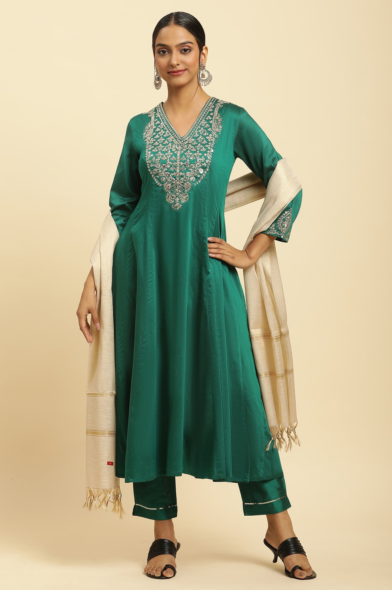 Green Panelled Embroidered Kurta, Slim Pants And Dupatta Set
