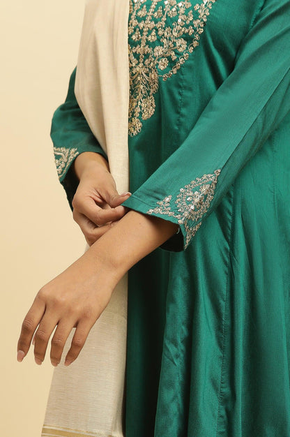 Green Panelled Embroidered Kurta, Slim Pants And Dupatta Set - wforwoman