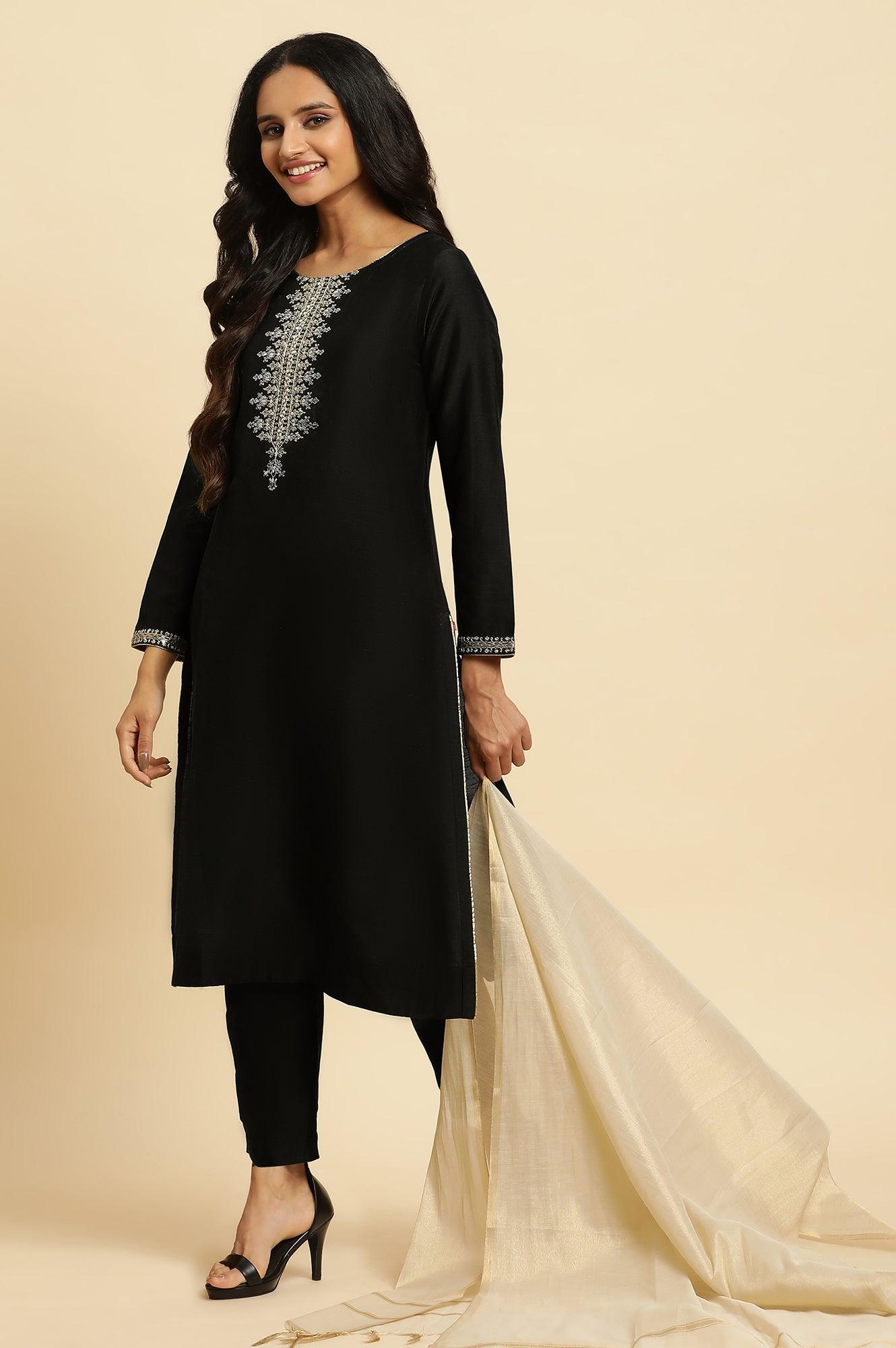 Black Zari Embroidered Straight Kurta, Pant And Dupatta Set - wforwoman