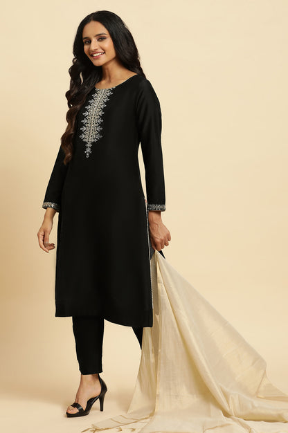 Black Zari Embroidered Straight Kurta, Pant And Dupatta Set - wforwoman