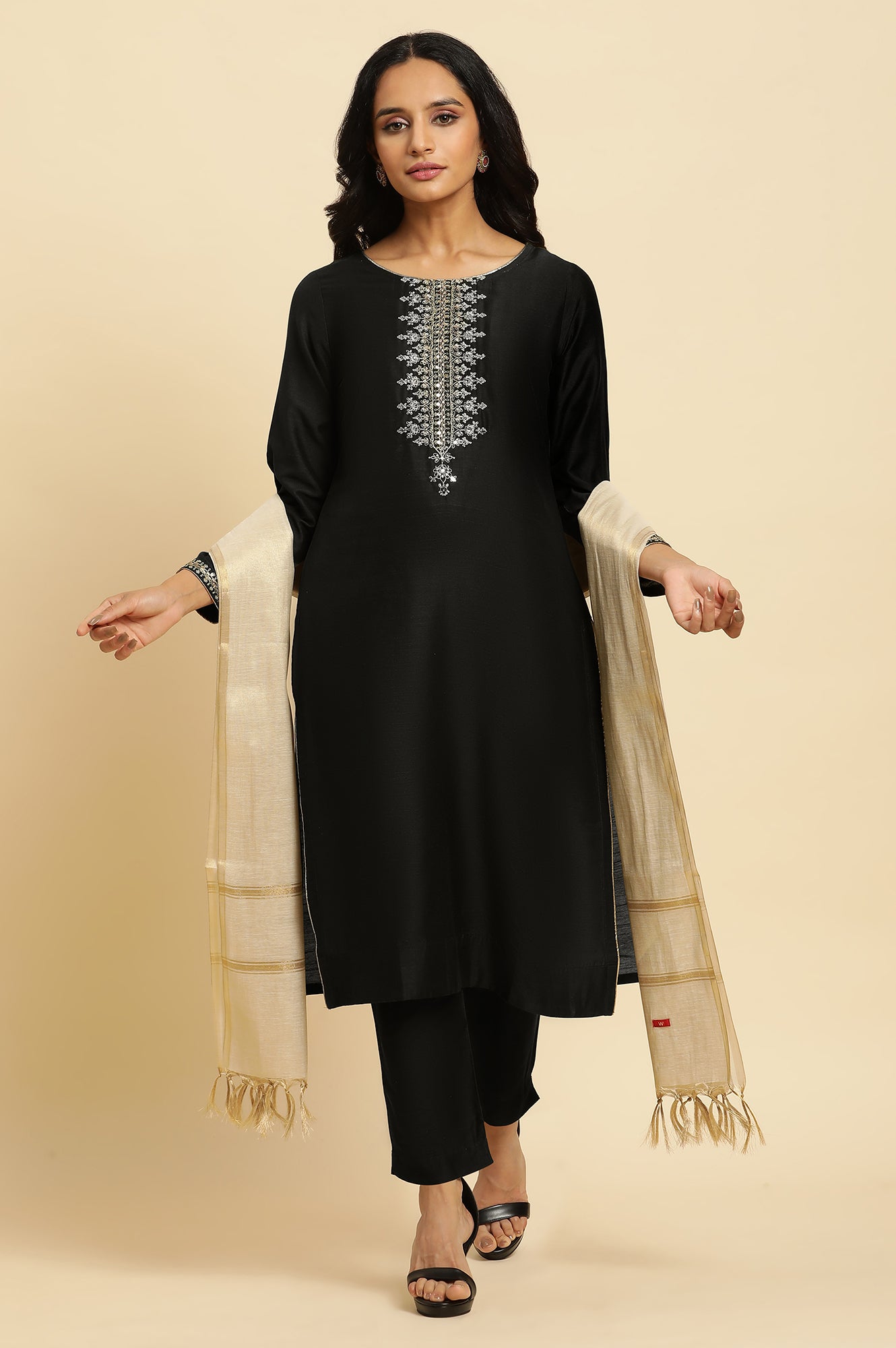 Black Zari Embroidered Straight Kurta, Pant And Dupatta Set - wforwoman