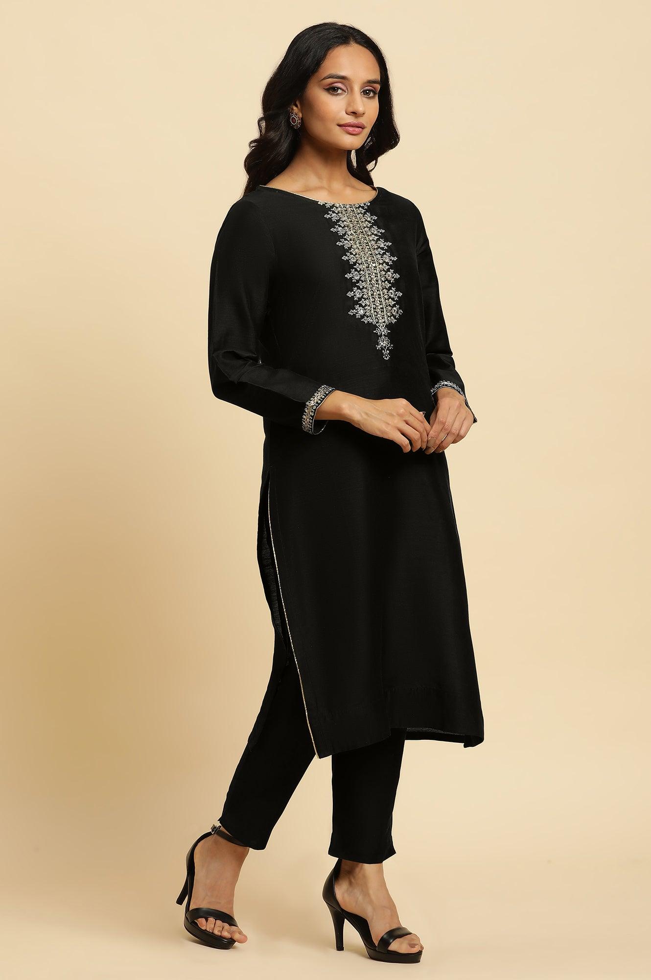 Black Zari Embroidered Straight Kurta, Pant And Dupatta Set - wforwoman