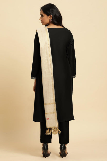 Black Zari Embroidered Straight Kurta, Pant And Dupatta Set - wforwoman