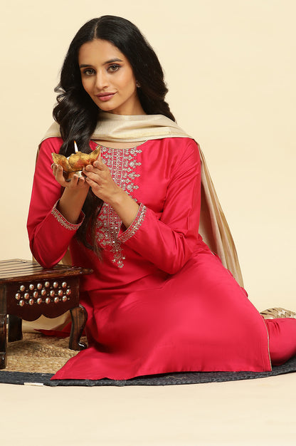 Pink Zari Embroidered Straight Kurta, Pant And Dupatta Set - wforwoman