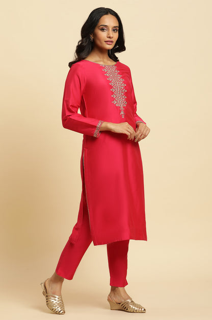 Pink Zari Embroidered Straight Kurta, Pant And Dupatta Set - wforwoman