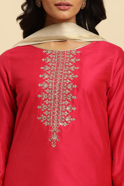 Pink Zari Embroidered Straight Kurta, Pant And Dupatta Set - wforwoman