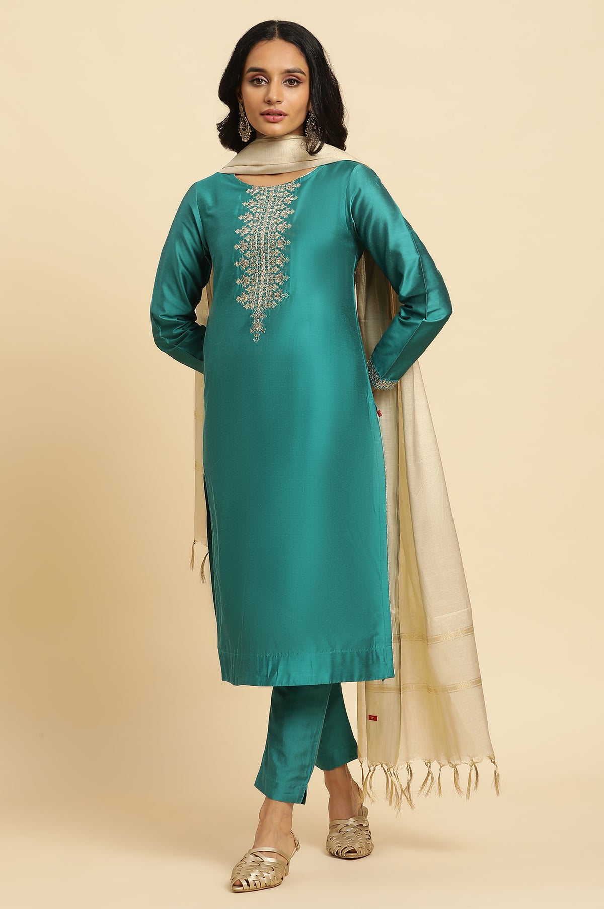 Teal Blue Zari Embroidered Straight Kurta, Pant And Dupatta Set - XS