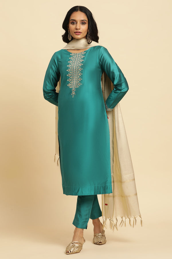 Teal Blue Zari Embroidered Straight Kurta, Pant And Dupatta Set