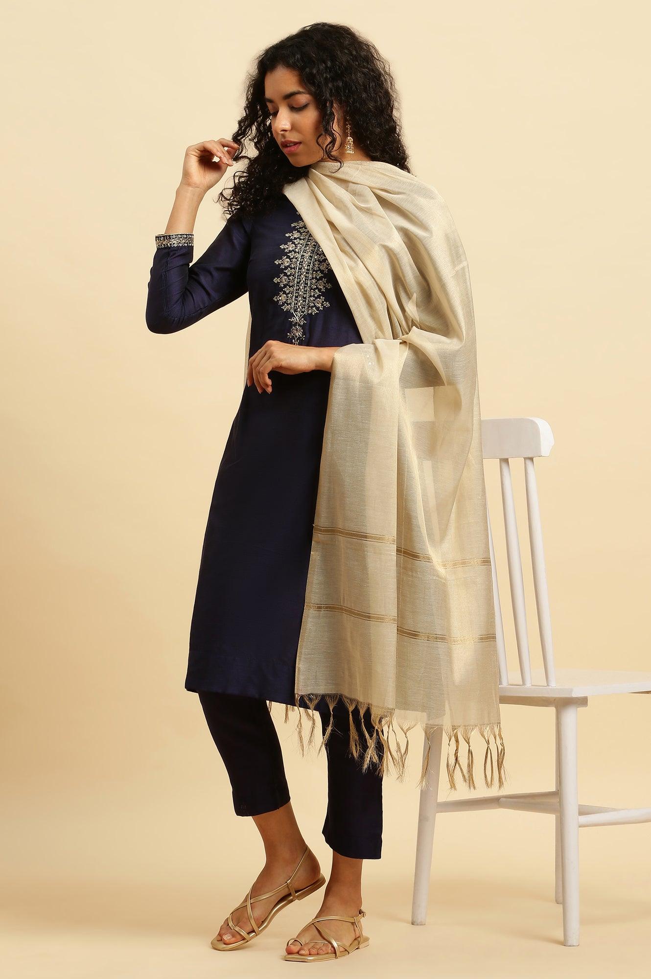 Blue Zari Embroidered Straight Kurta, Pants And Dupatta Set - wforwoman