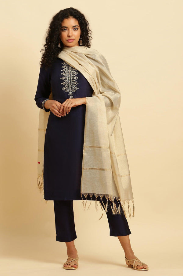 Blue Zari Embroidered Straight Kurta, Pants And Dupatta Set