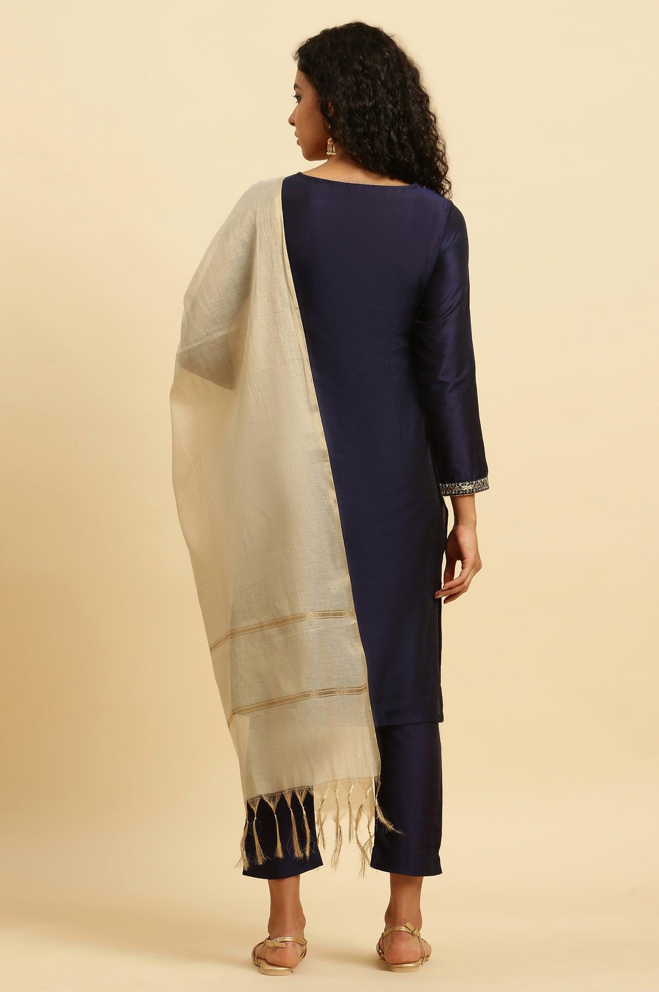 Blue Zari Embroidered Straight Kurta, Pants And Dupatta Set - wforwoman