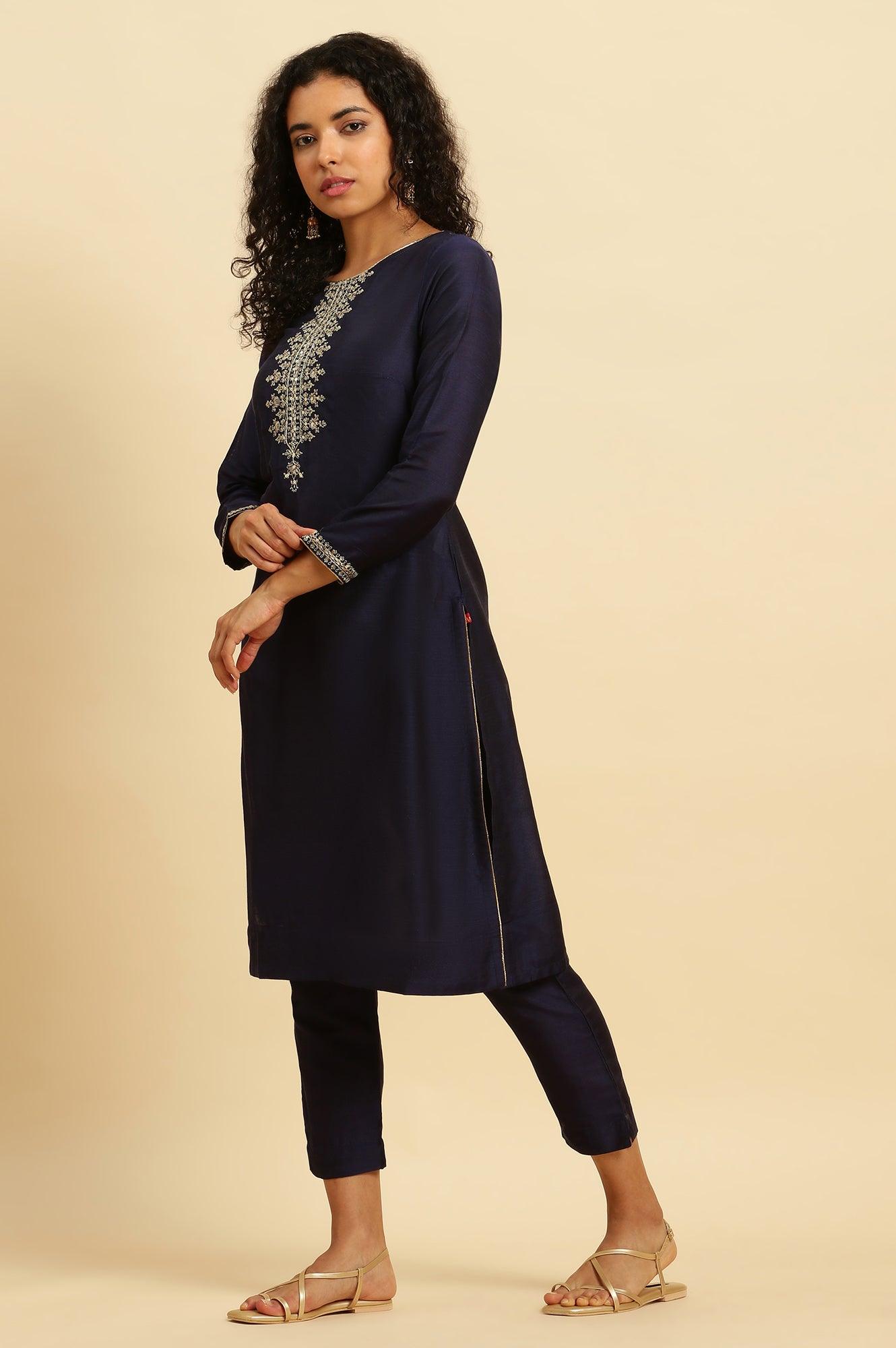 Blue Zari Embroidered Straight Kurta, Pants And Dupatta Set - wforwoman